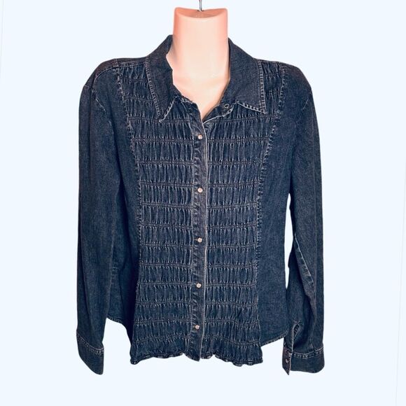 Harold’s Ruched Pearl Snap Denim Shirt Size 12 - Picture 1 of 3